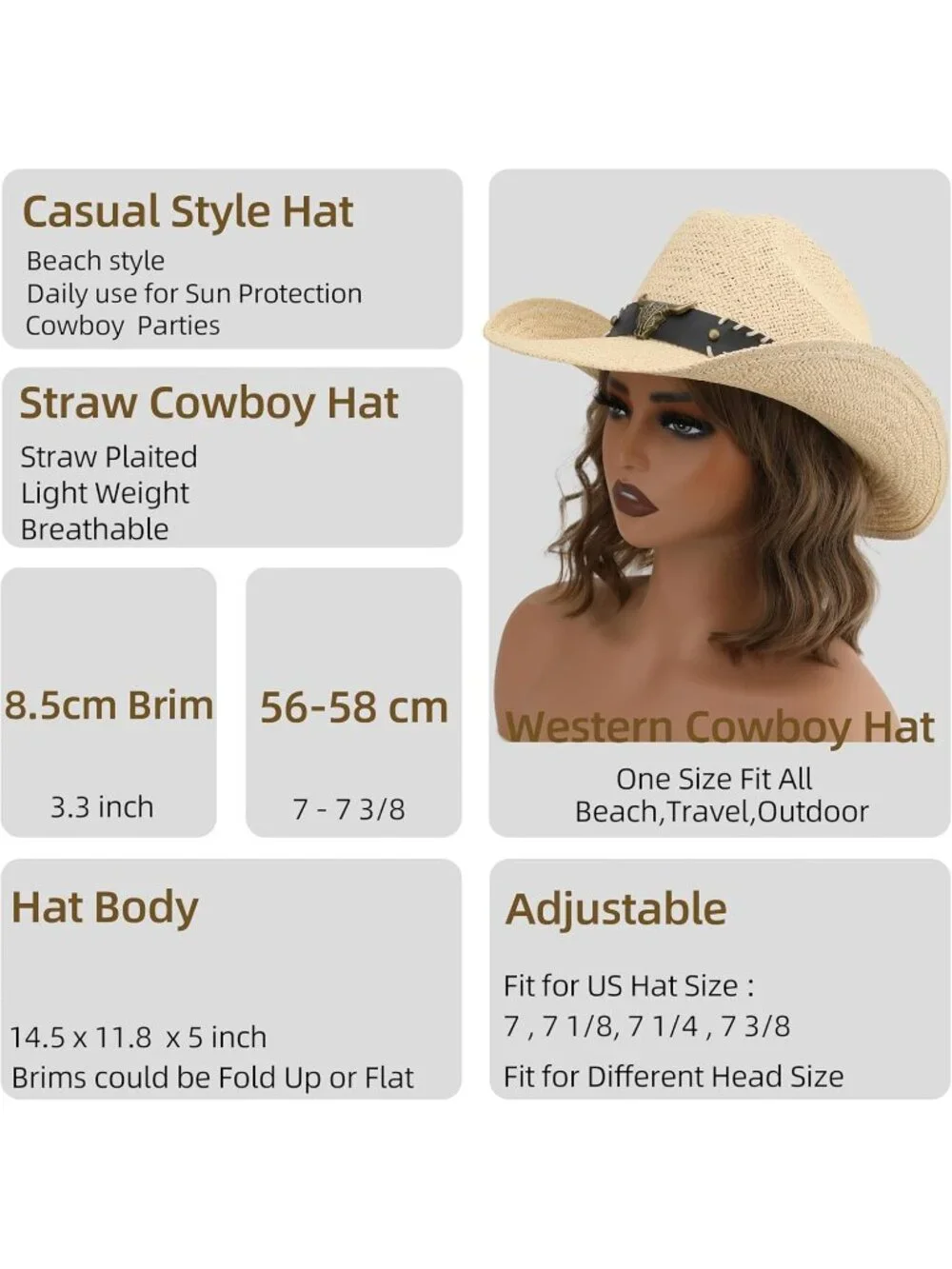 Men's Beige Straw Adjustable Wide Brim Sun Beach Western Cowgirl Cowboy Hat